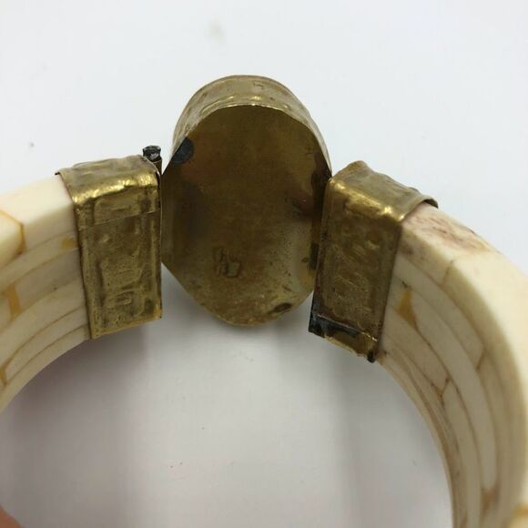 Vintage Ivory Bangle Women's Bracelet Pin Closure Large Moss Agate AS IS - Picture 8 of 13